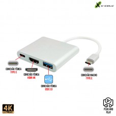 Adaptador Conexão Type C Macho 3 em 1 Fêmea HDMI 4K/Type C/USB 3.0 X-Cell XC-ADP-39